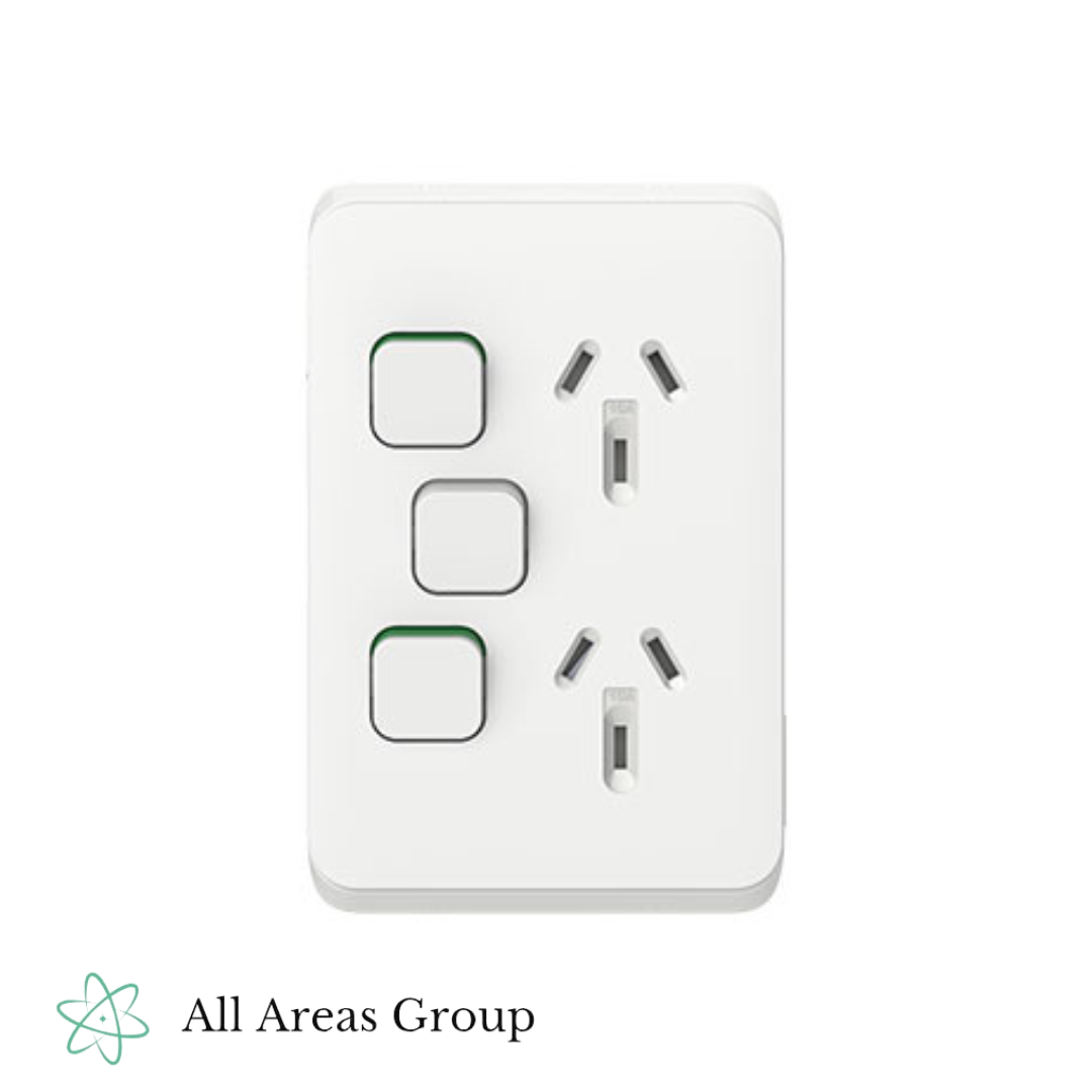 Clipsal Iconic Double GPO with Extra Switch – Vivid White (3025VXA-VW)